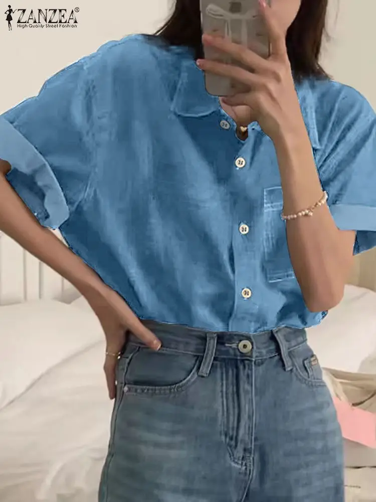 Женская модная туника на пуговицах ZANZEA Повседневная Свободная джинсовая рубашка