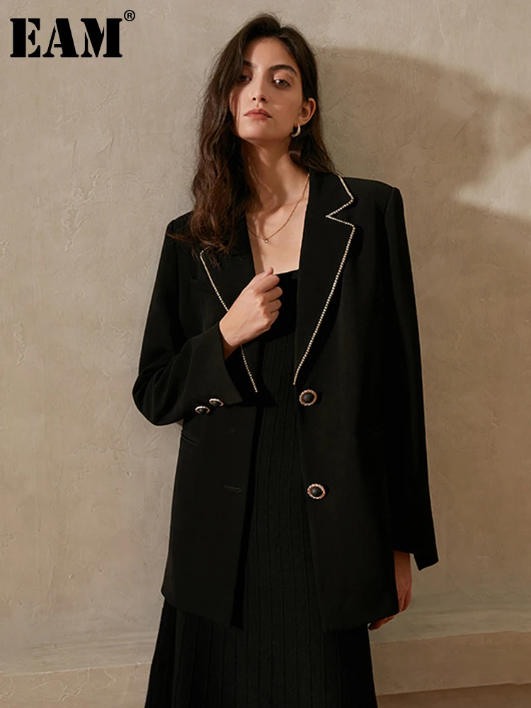 

[EAM] Women Big Size Pearls Button Blazer New Lapel Long Sleeve Loose Fit Jacket Fashion Tide Spring Autumn 2022 1DD1388