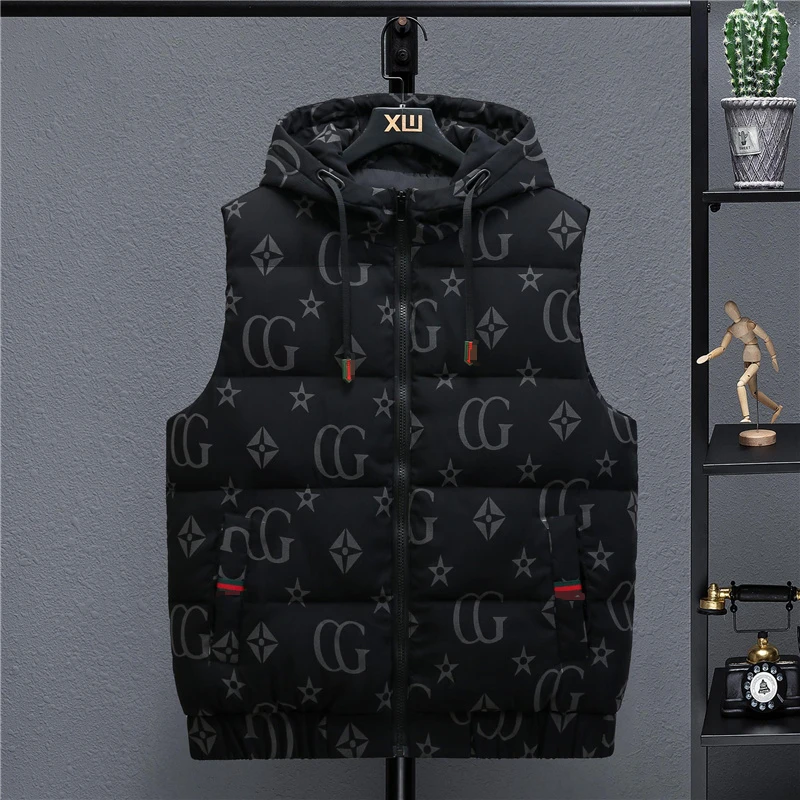 Men's Down Cotton Vest Autumn and Winter Fashion Men and Women Jacket Vest Men's Casual Hooded Sleeveless Down Jacket Men's Coat