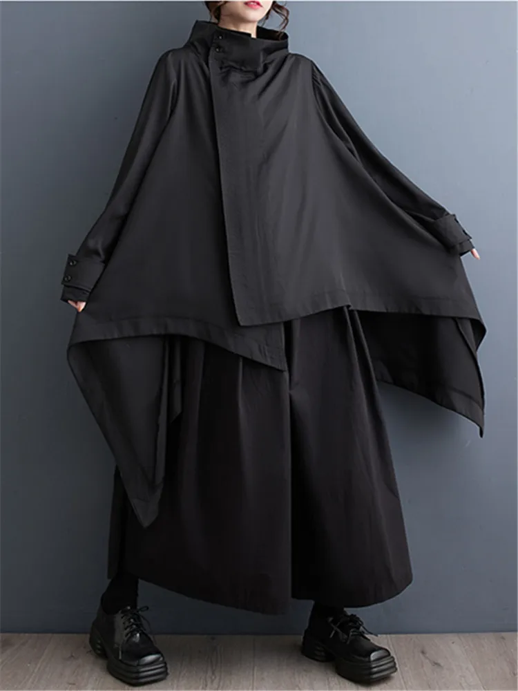 Женский черный плиссированный плащ большого размера с воротником-стойкой и