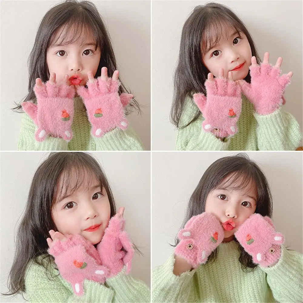 

Cots Dual-use Half Finger Autumn Winter Children Mittens Five-finger Flip Cartoon Flower Gloves Coral Velvet Gloves