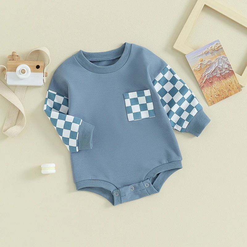 

Осенний Свободный комбинезон для маленьких девочек и мальчиков, комбинезон контрастных цветов с длинным рукавом, круглым вырезом и клетчатым принтом