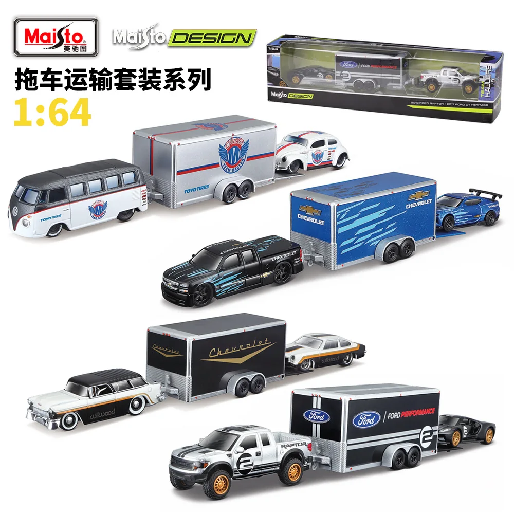 

Maisto 1:64 Design Team Haulers Volkswagen Van Samba Car Trailer Volkswagen Beetle Car model collection gift Toy ornament boy