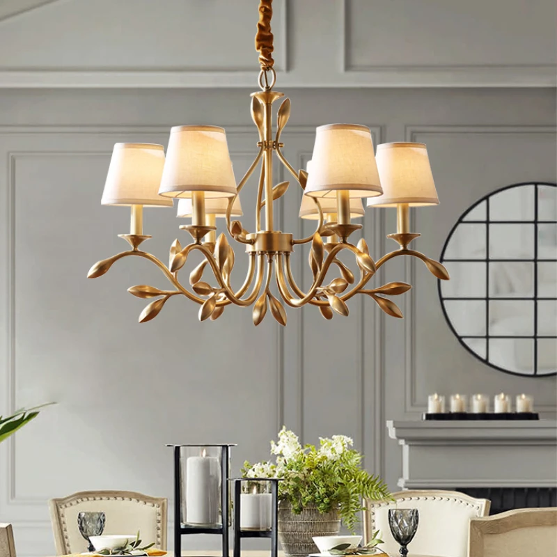 

Luxury American Copper Flower E14 Led Chandelier Fabric Shades Gold Pendant Chandelier Lighting Living Room Hanging Lamp Fixture
