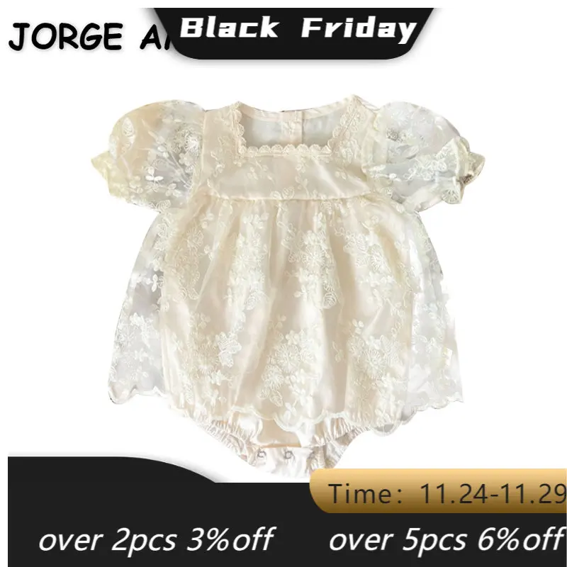 

Summer Baby Clothes for Baby Girl Bodysuit Square Collar Apricot Lace Short Puff Sleeves Jumpsuit Newborn Clothing E2279