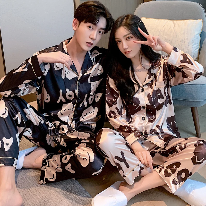 

Fashion Silk Satin Couple Pajamas Set Cardigan Pyjamas Women Pajamas Long Sleeve Sleepwear Lounge Pijama Men Plus Size Pajama