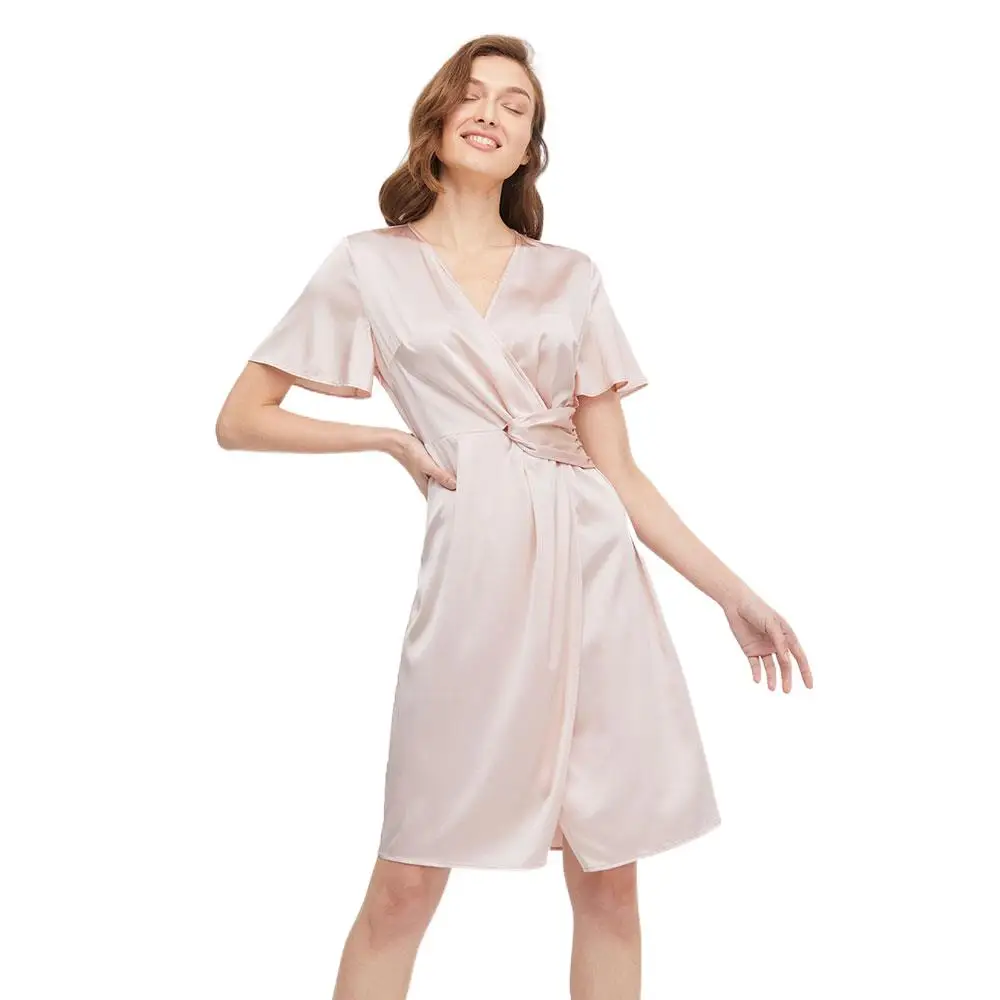 

Ladies 100% Genuine Silk Dresses Stylish Overlapping Design V Neck Skirts For Women Temperament Elegant Solid Maxi Sexy Dress