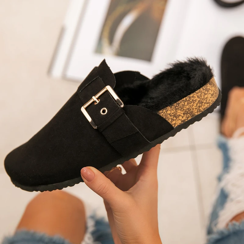 

New Winter Mules Buckle Design Women Slipper Fur Closed Toe on Keep Plush Warm Shoes Round Toe Platform Casual shoes