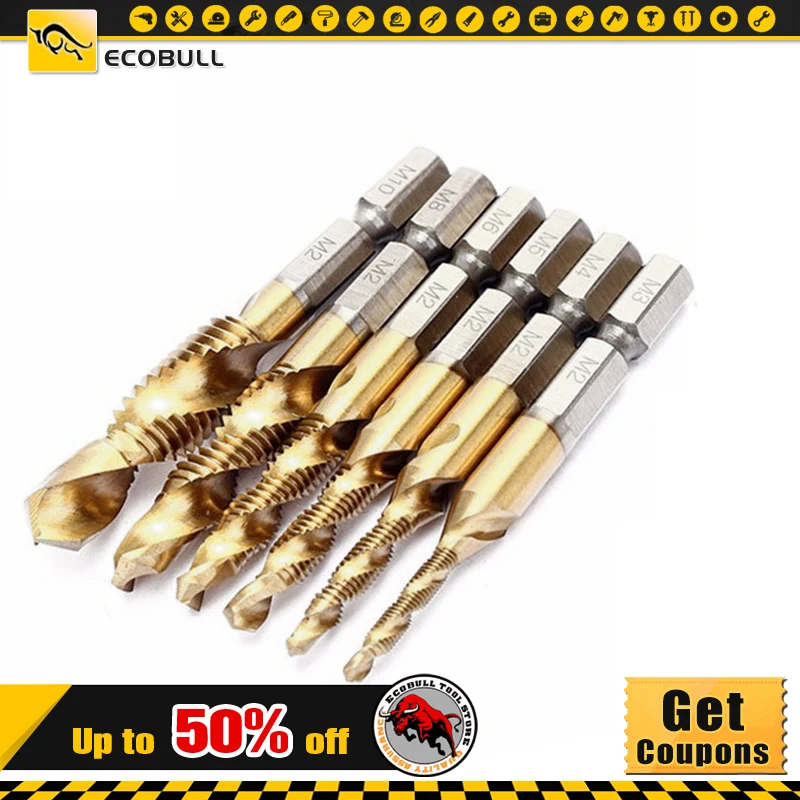 

6pcs M3 M4 M5 M6 M8 M10 Tap Drill Bits 6.35mm Hex Shank Machine Hand Taps Titanium Coated HSS Drilling Tap Thread Screw Tools