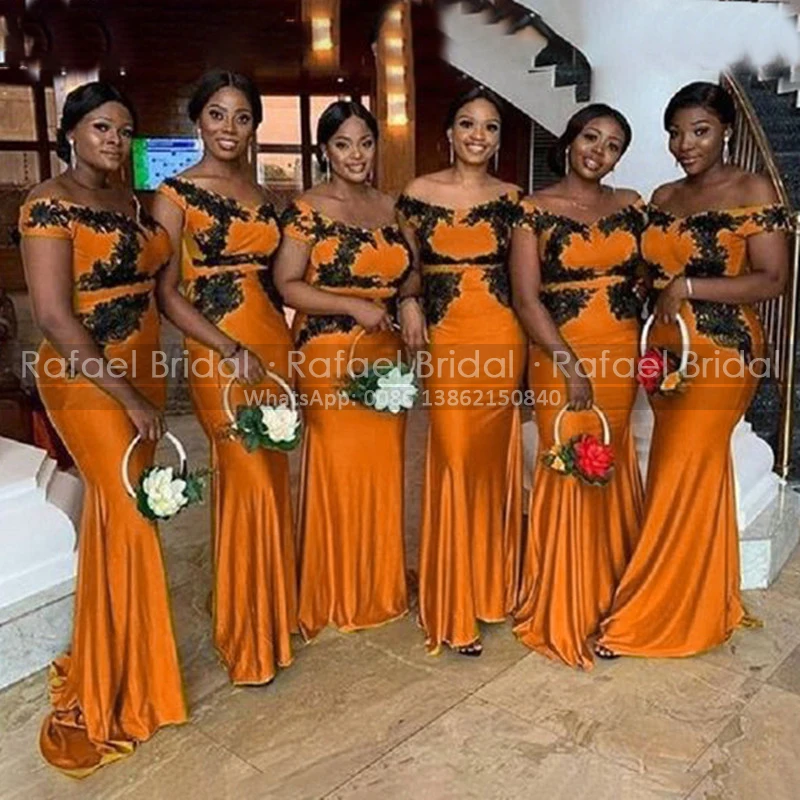 

Orange Mermaid Bridesmaid Dresses With Black Appliques Long Off Shoulder Black Girls Maid Of Honor Dress Party