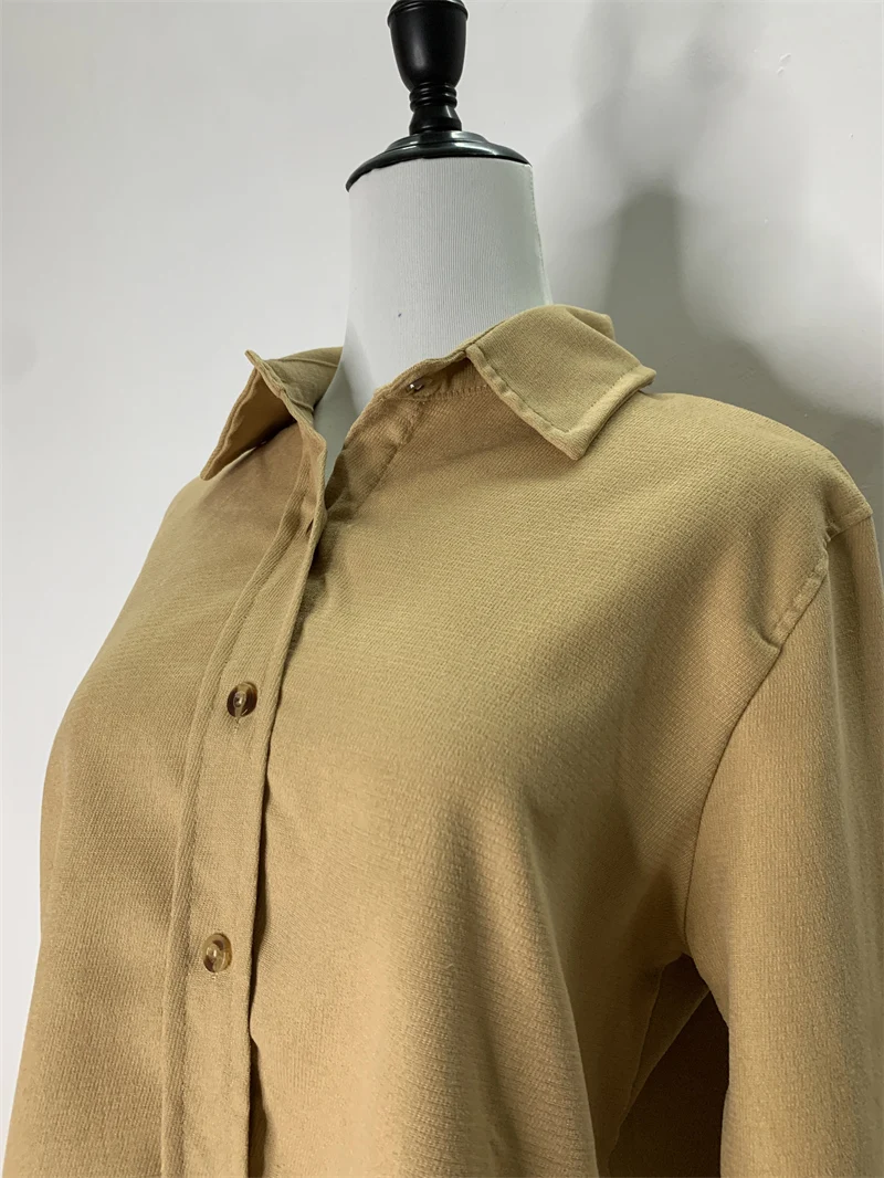 Женская Винтажная Классическая Рубашка Цвета Хаки Повседневная Осенне-зимняя