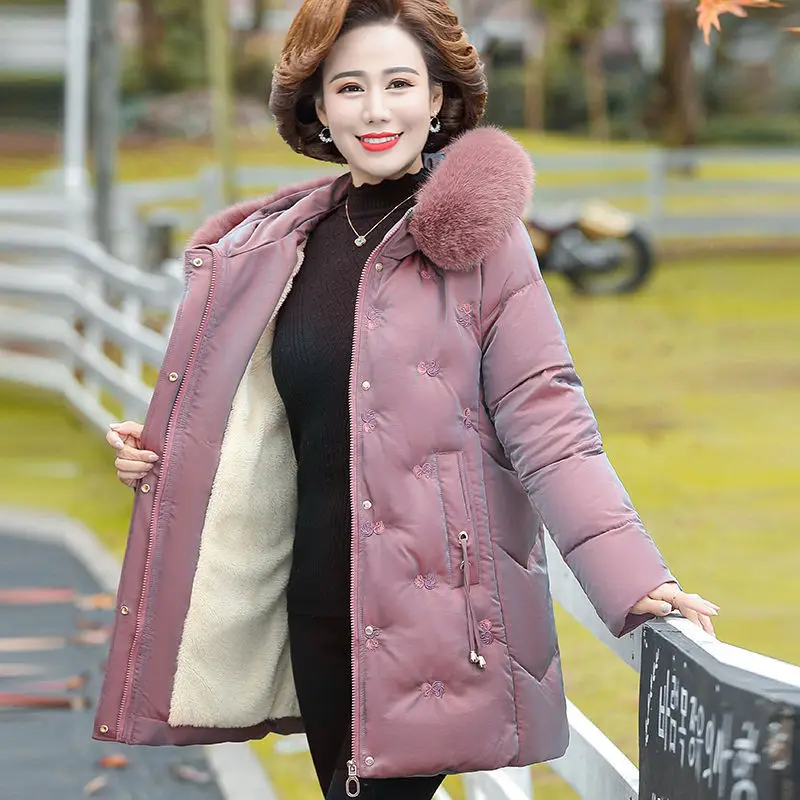 Middle-aged Mother Winter Embroidered Warm Jacket Plus Velvet Thicken Parkas Outwear Fashion Loose Cotton Fur Collar Hooded Coat