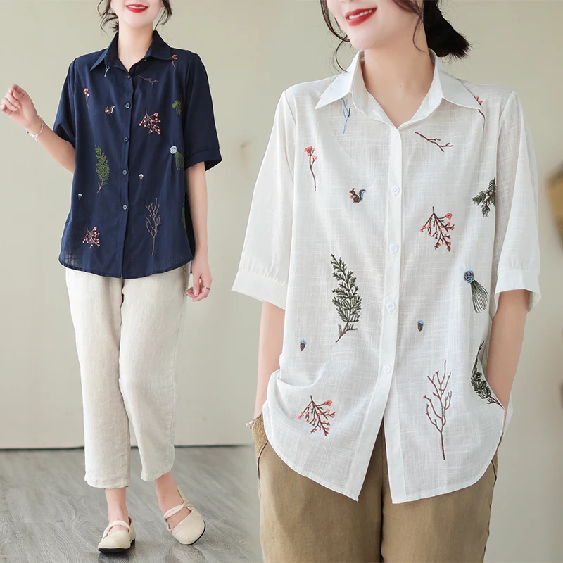 

Женская блуза с отложным воротником и коротким рукавом, однобортная Свободная рубашка из хлопка и льна с вышивкой, Новинка лета 2023, C913