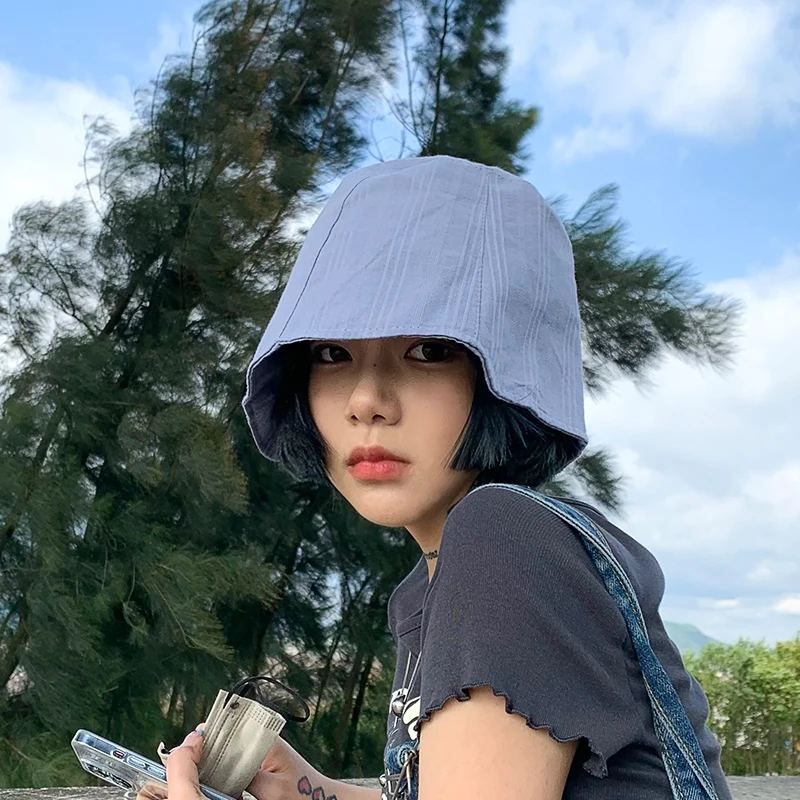 

2022 Summer Thin Bucket Hat Sunscreen Shading Haze Blue Fisherman Cap Japanese Face-covering Women's Hats Gorras