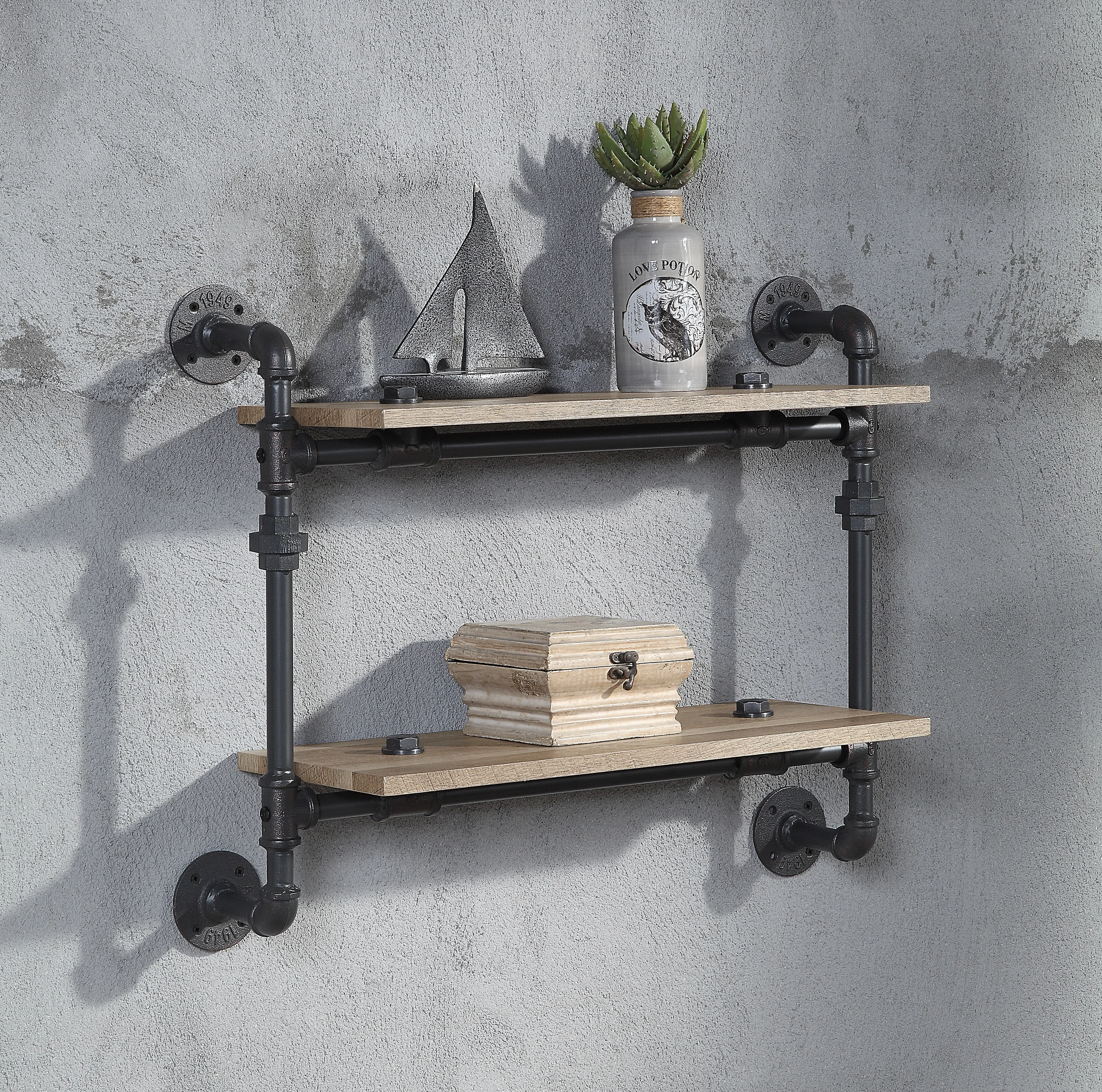 

Furniture Brantley Wall Rack w/2 Shelves in Oak & Sandy Black Finish
