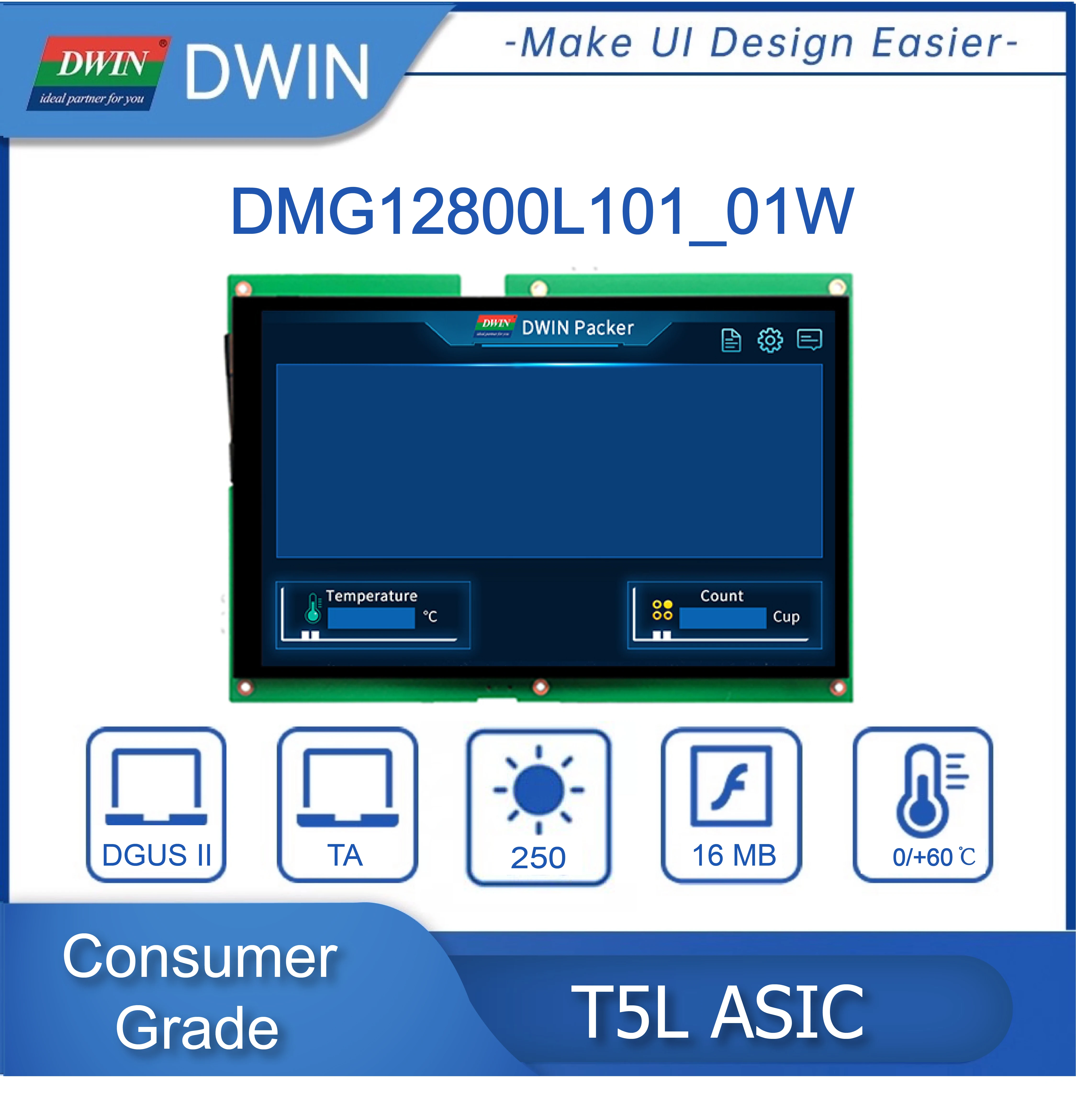 DWIN 10.1 Inch 1280x800 TFT LCD HMI Display Module IPS Capacitive/Resistive TTL/RS232 Touch Screen DMG12800L101_01W - купить по