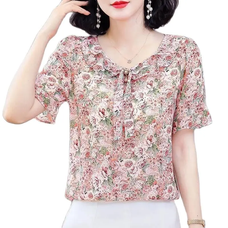 

Women Spring Summer Style Chiffon Blouses Shirts Lady Casual Short Flare Sleeve Bow Tie Collar Chiffon Blusas Tops