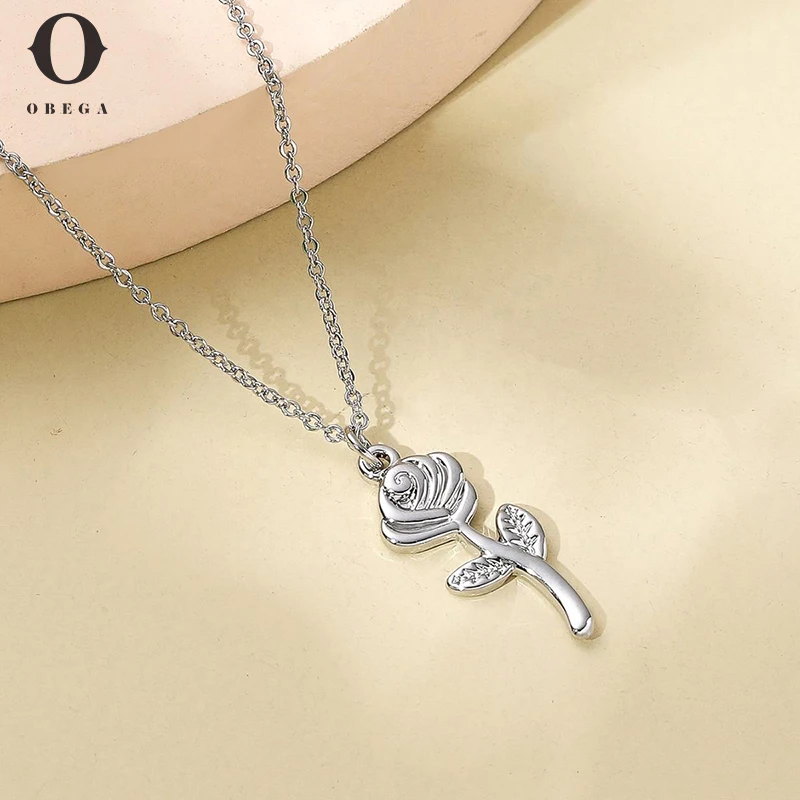 

Obega New Fashion Rose Necklace Pendant Vintage Long Chain Charm Simple Necklace Autumn Winter Women's Jewelry Valentine's Day