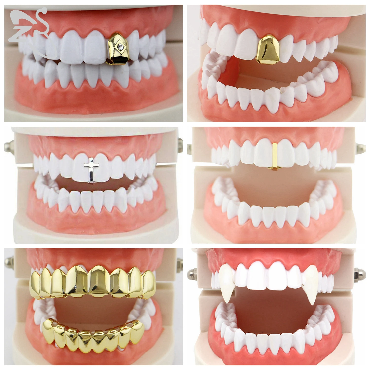 ZS 1-2 Pieces Hip Hop 18K Gold Plated Grillz Teeth Shiny CZ Crystal Cross Gap Grillz High Polish Finish Top & Bottom Tooth Cap