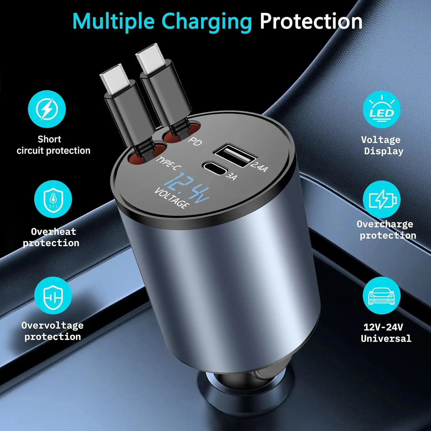 Автомобильное зарядное устройство выдвижное 120 Вт быстрые порты USB C два USB-порта