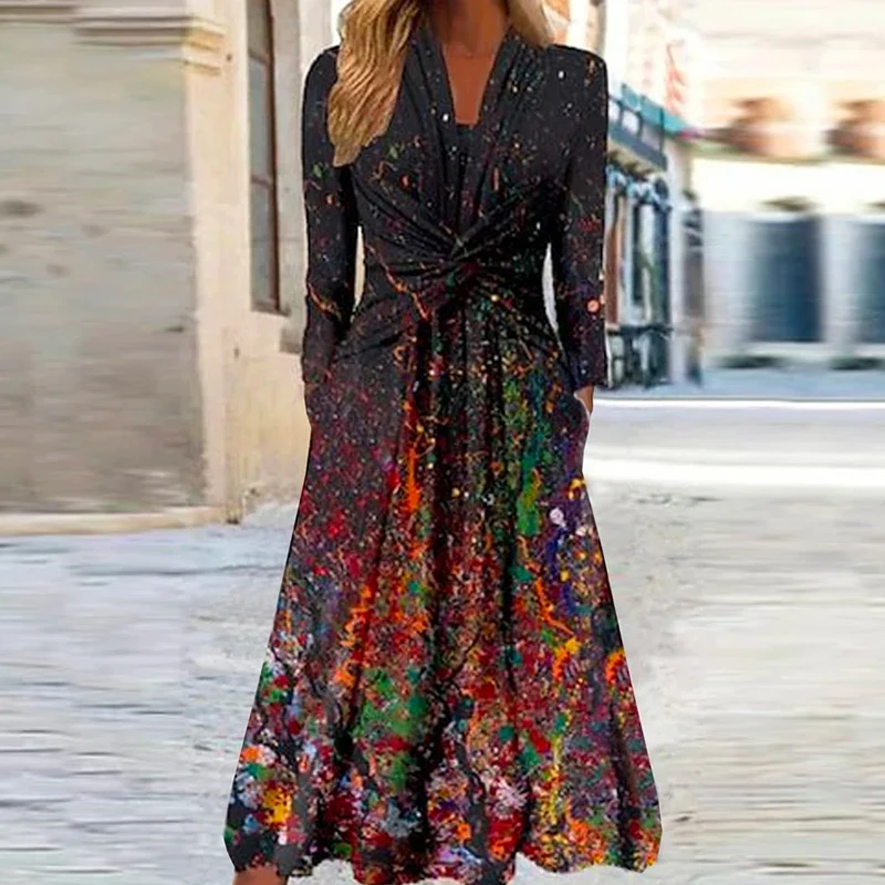 

Винтажное длинное платье с принтом, элегантное приталенное вечернее платье с V-образным вырезом и длинным рукавом, женское модное платье с драпировкой