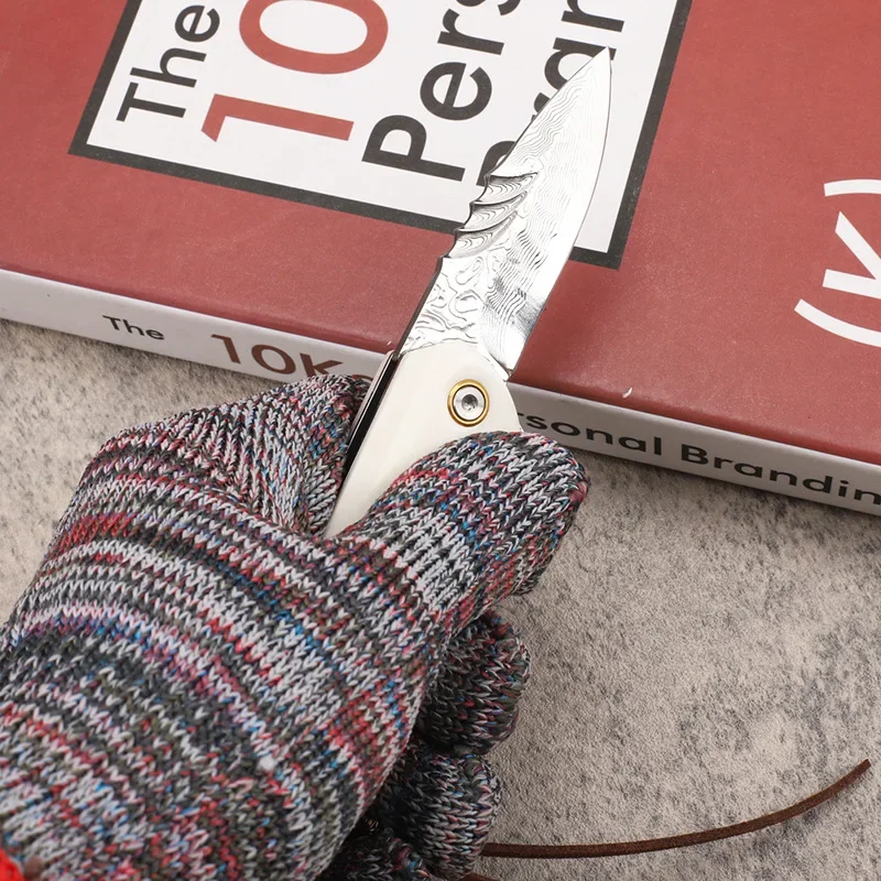 Samsend Дамасский складной нож мини-белая коровья кость ручка универсальный