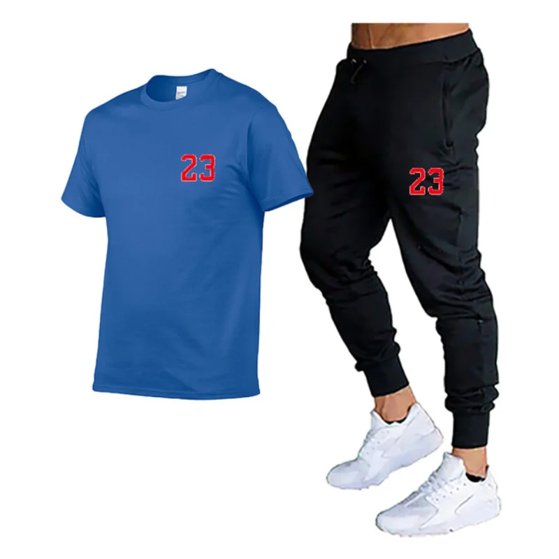 2023 Fashion All-match Men's Sports Suit Men's Casual Suit Spring And Summer Brand Short-sleeved Top + Trousers 2-piece Suit