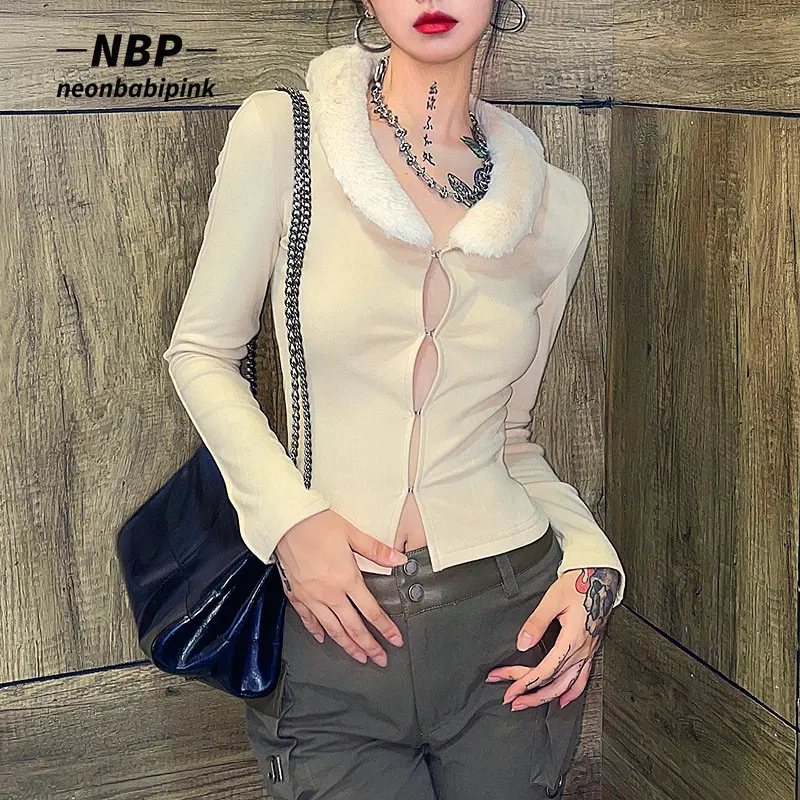 

NEONBABIPINK Faux Fur Collar Long Sleeve Top Y2k Streetwear Women Fashion Sexy Button Up Shirts Fall Winter Clothes N33-CG24