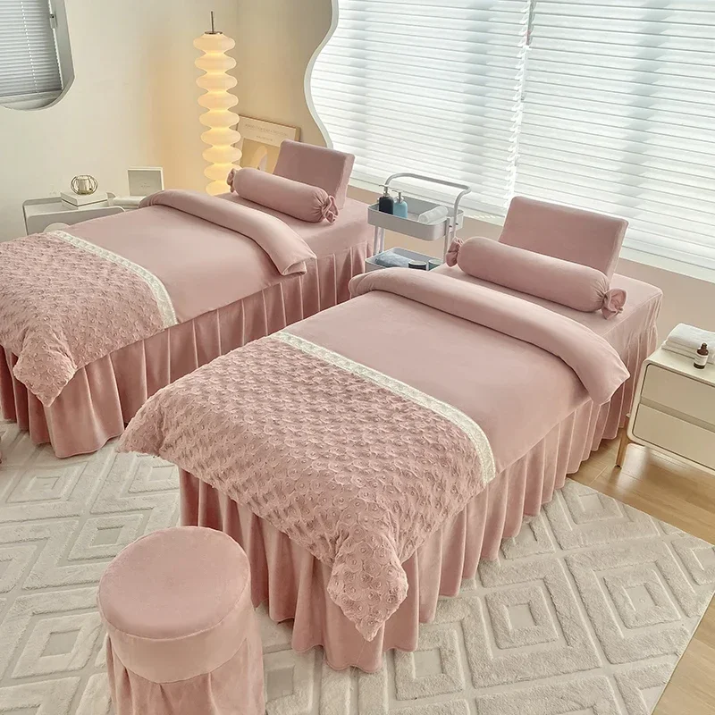 Фото 3D Розы, Молочный Велюр, Массажная Спа-Постельная Простыня + Пододеяльник + Наволочка + Чехол на Табурет, Комплект Постельного Белья из 4 Предметов для Салона Красоты, Теплый Зимний №3