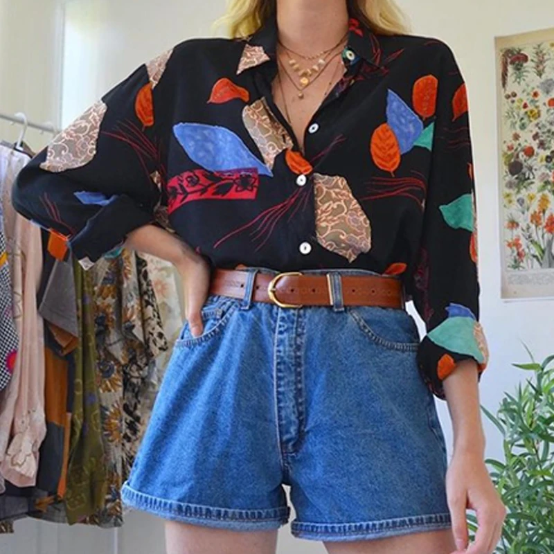 

Retro Fashion Print Lapel Long Sleeve Shirt