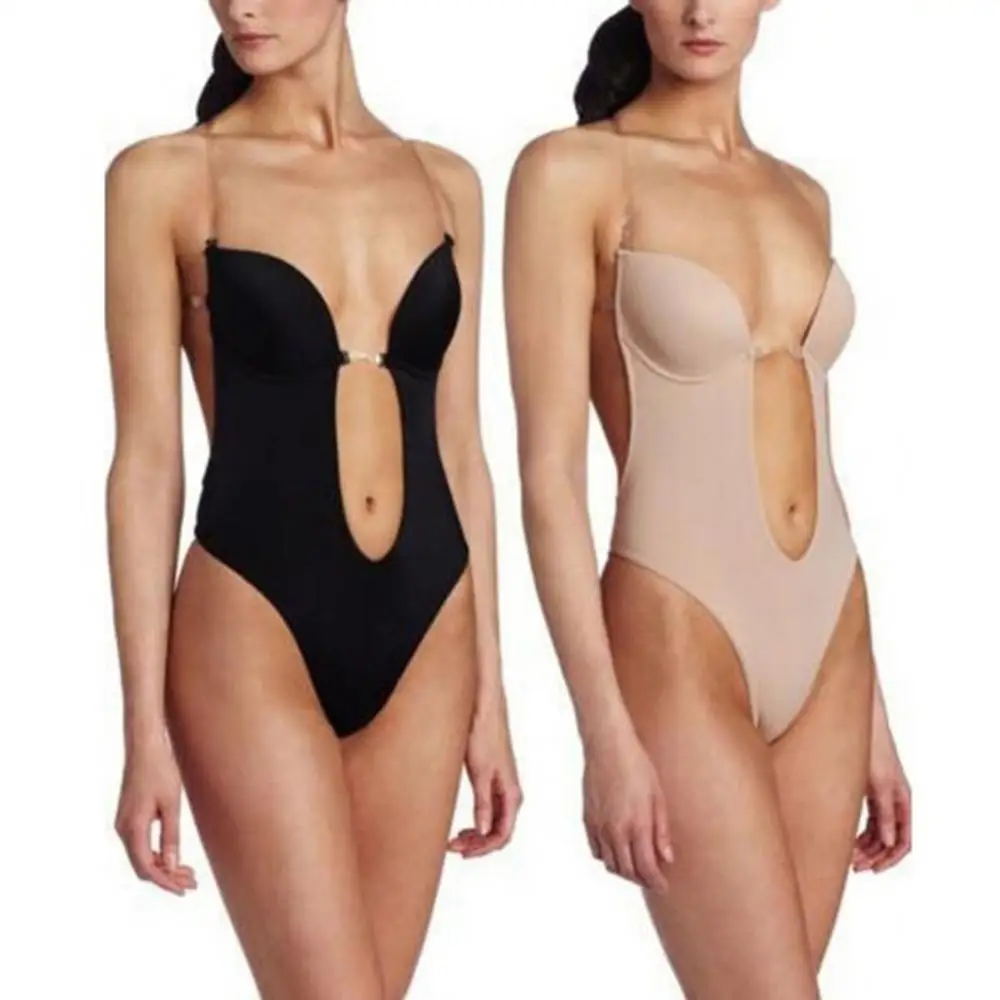 

Women Seamless Backless Underwear Dress Push Up Bodysuit Shapewear V-hals Body Shaper Clear Strap Padded Push Up Corset Bodysuit