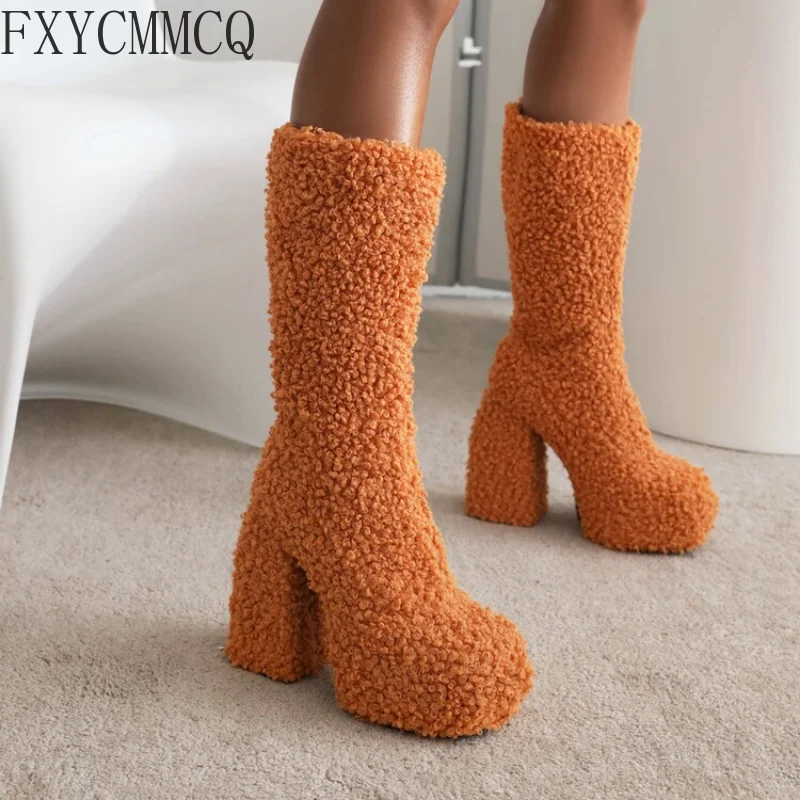 FXYCMMCQ 2022 New Ultra-high Heel Waterproof Platform Sheep Shearing Women's Boots Winter Windbreak Warm Boots 3-123