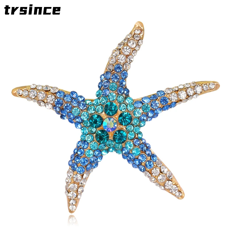 

Luxury Elegant Rainbow Crystal Starfish Brooches Gold Color Rhinestone Alloy Animal Brooch Lady Party Safety Pins Gifts