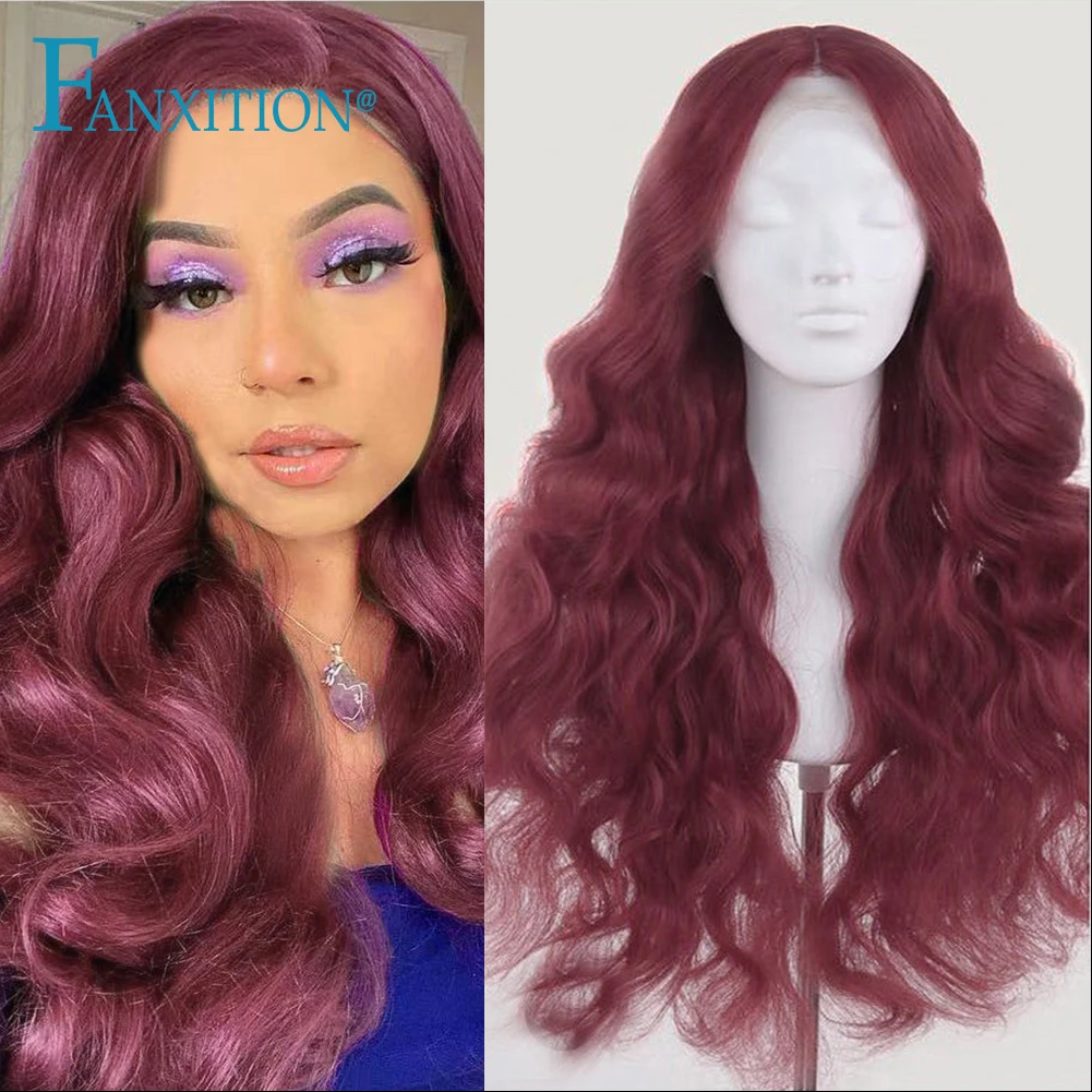 

FANXITION Glueless Synthetic Lace Frontal Wig 99J Body Wave Wigs With Baby Hair Cosplay Wigs For Women Heat Resistant Fiber