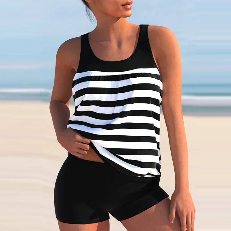 

Women Stripe Printed Two Piece Tankini Set Women Tummy Control Swimwear Bathing Suit Swimsuit