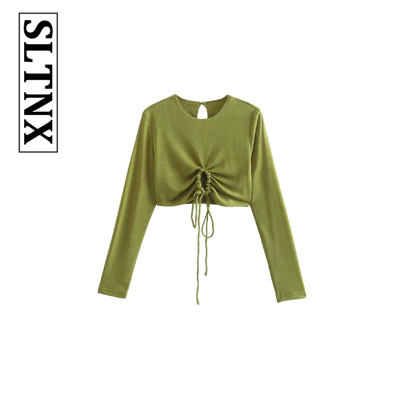 

2022 Summer New Fashion Hollow Design Drawstring High Waist Cropped Navel Short Long Sleeve Round Neck Top Slim Fit T-shirt