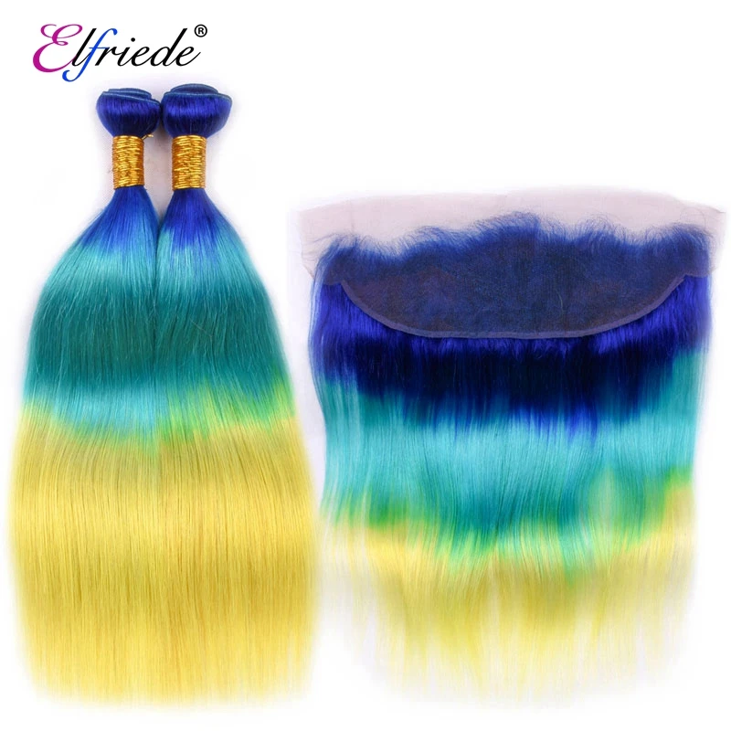 Elfriede синие/зеленые/желтые прямые пучки цветных волос с эффектом омбре