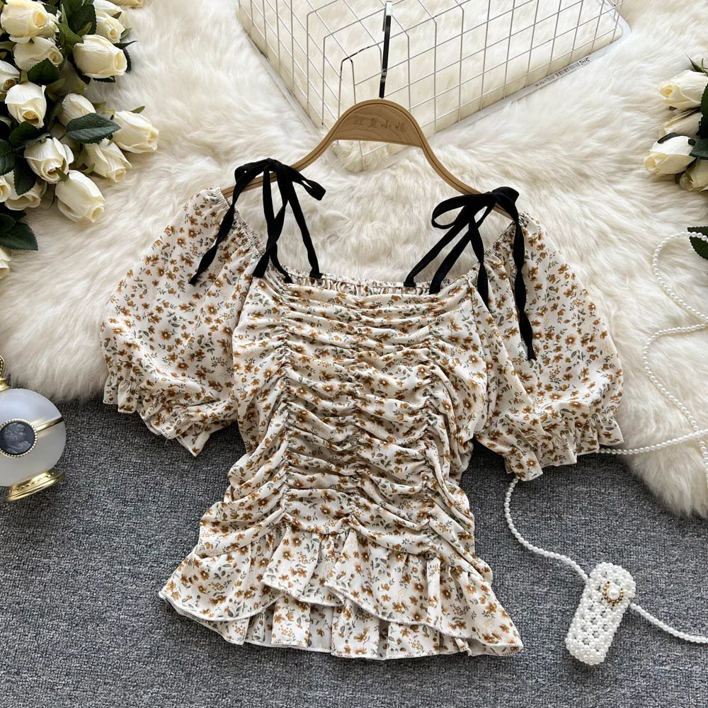 

Летняя женская новая модная шифоновая рубашка с квадратным вырезом и складками в виде деревянных ушей и цветочным принтом с короткими рука...