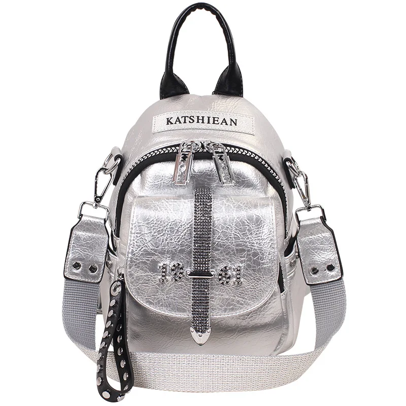 

Fashion Artificial Leather Small Size Silver Backpack Women Casual Korean Style Rivet Diamonds Knapsack Big Zipper Daily Bag