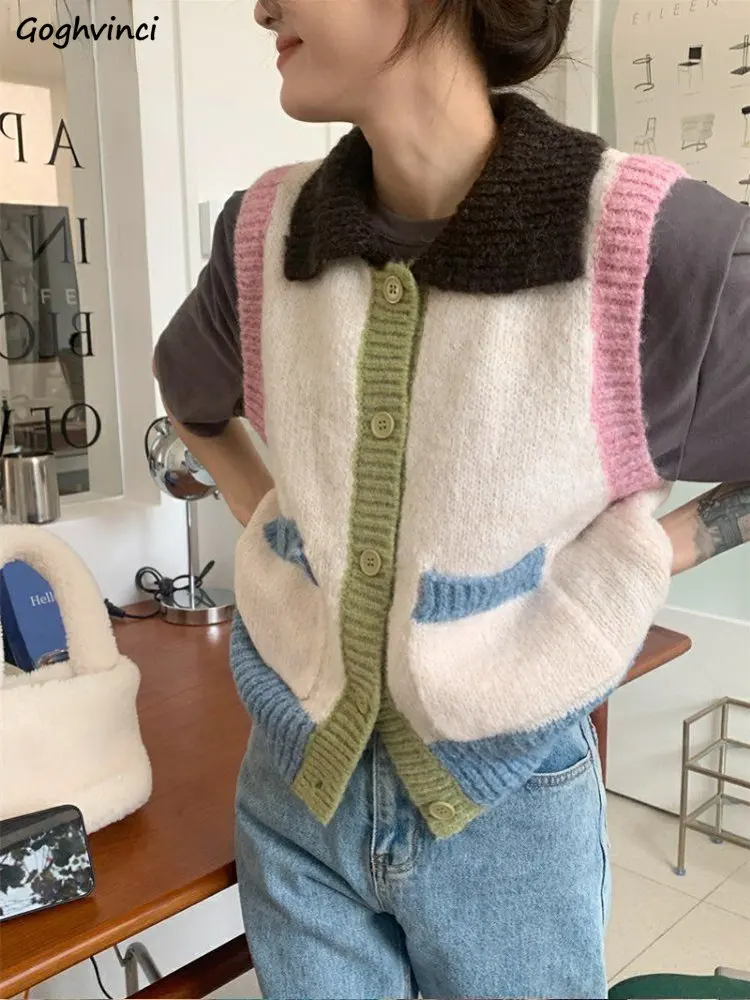 

Harajuku Sweater Vests Women Panelled Vintage Ins Turn-down Collar Loose Fashion Tender Kawaii Students Spring Knitwear Casual