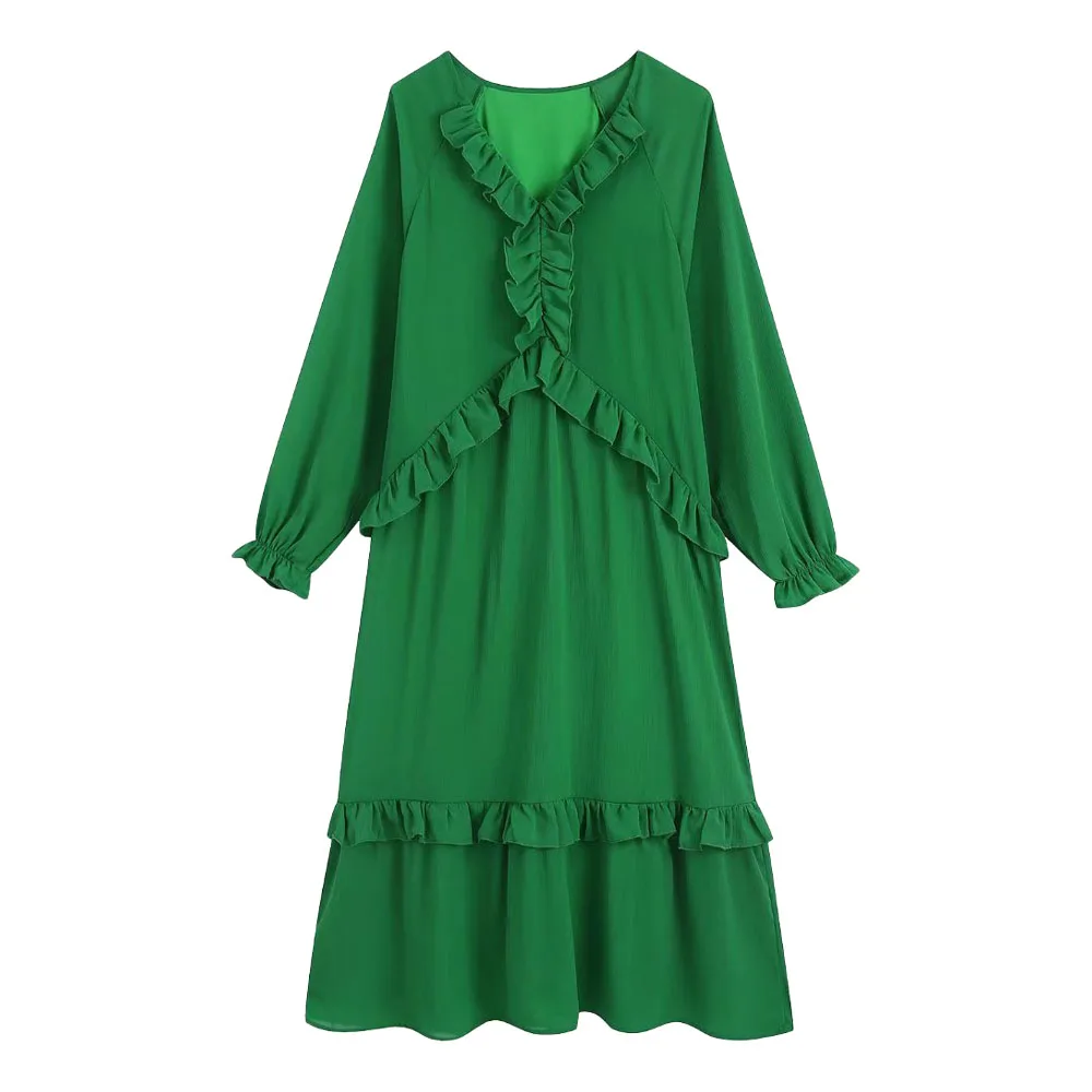 

Women's 2022 Fashion New Layered Decorative Flowy V-Neck Dress Retro Solid Color Long Sleeve Female Chic Long Dress Vestidos