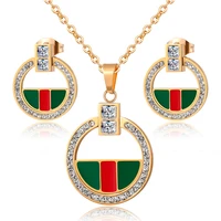 gd luxury design green red round pendant necklaceearrings set for women stainless steel brand jewelry set for wedding party