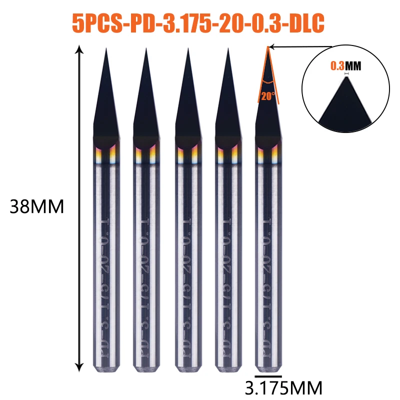 Dreanique 5 шт./лот твердосплавная гравировальная бита для печатных плат с плоским дном, хвостовик 3,175 мм с DLC-покрытием 30 60 90 градусов 0,1 0,2 0,3 мм, наконечник V-образная канавка, инструмент