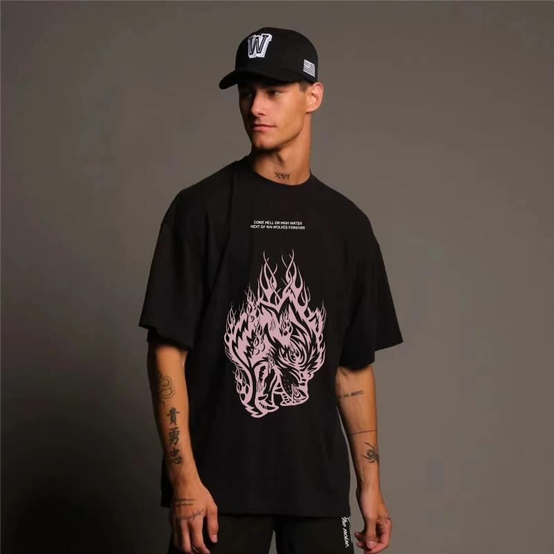 

240G Thicken Loose Pure 100% Cotton O-neck Men Tshirt Casual Loose New Designs Wolf Print Short Sleeve Mens T Shirt Oversize 3XL