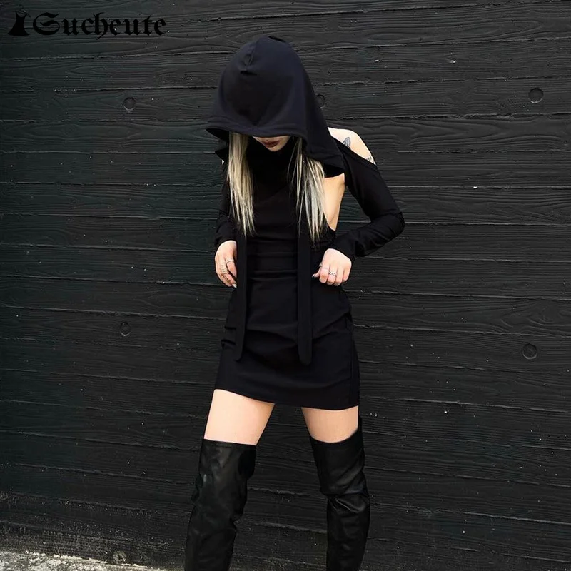 

SUCHCUTE Off-shoulder Y2K Gothic Hoodies Short Dresses Bodycon Women Long Sleeve Backless Streetwear Grunge Summer Mini Dress