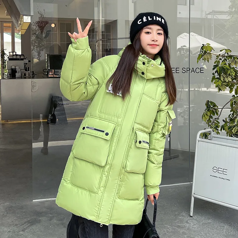 Letter pocket cotton-padded jacket women's winter 2022 long Korean waist slim large size frock coat