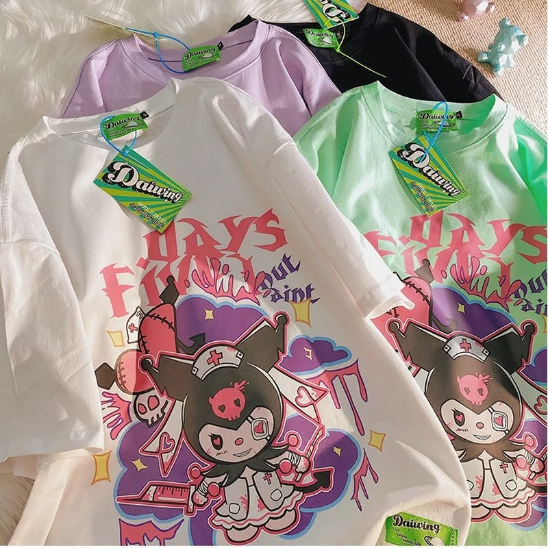 

Sanrios Kuromi Graphic Summer 2022 New Japanese Cartoon Short Sleeved T-shirt Women's Loose Fashion Casual Top Y2k Girl Couples