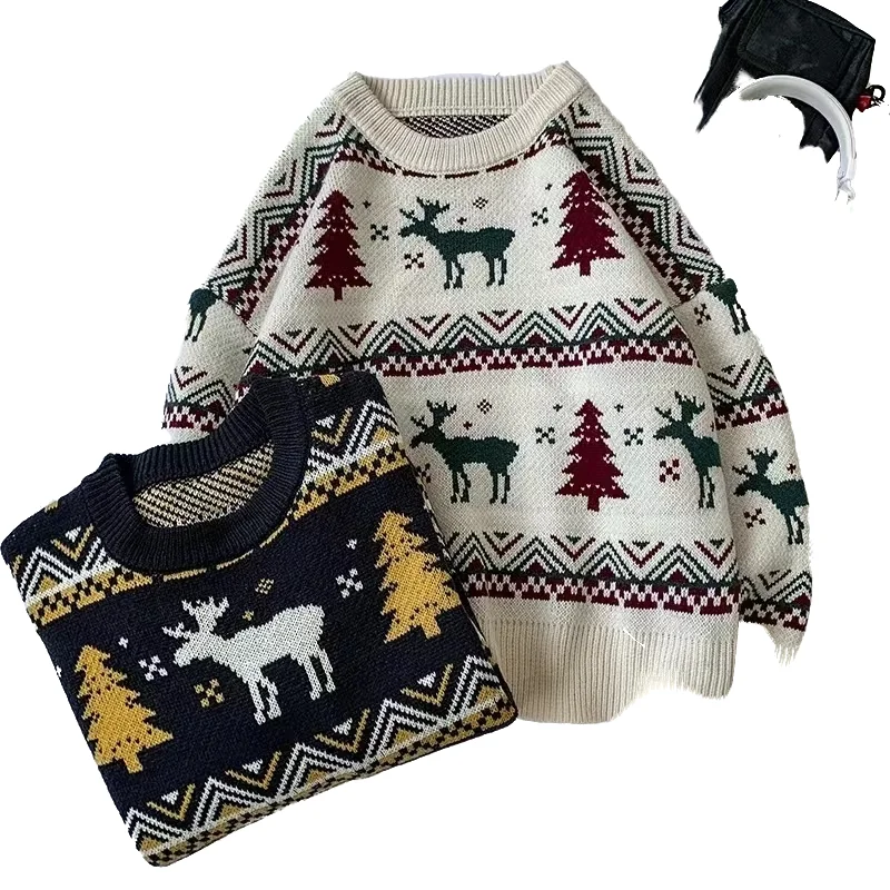 

Autumn and winter retro men/women Japanese new elk Christmas tree couple knitted pullovers hip-hop Harajuku casual street tops