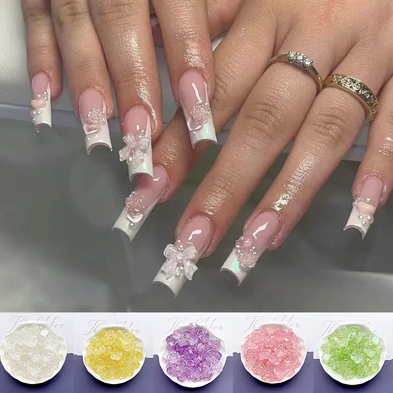 

50Pcs/Lot Aurora Camellia Rhinestone Nail Jewelry 3D Acrylic Resin Flowers Nail Charms 6/8mm Rose Polish Accessories Nail Decor