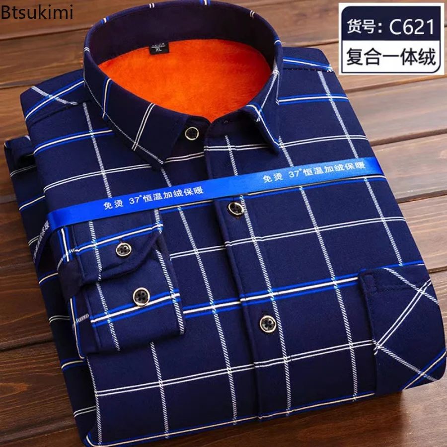 

Autumn Winter Flannel Men Shirt Long Sleeve Plaid Warm Shirt Thick Fleece Lined Soft Casual Flannel Warm Dress Shirt Male 2023